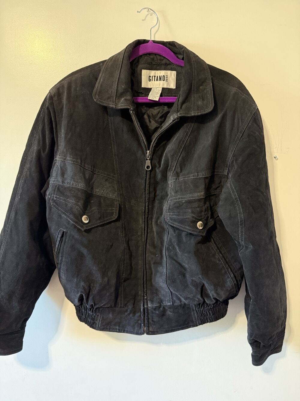 Vintage 90s Gitano Black Genuine Leather Bomber Jacket Size S Quilted Lined